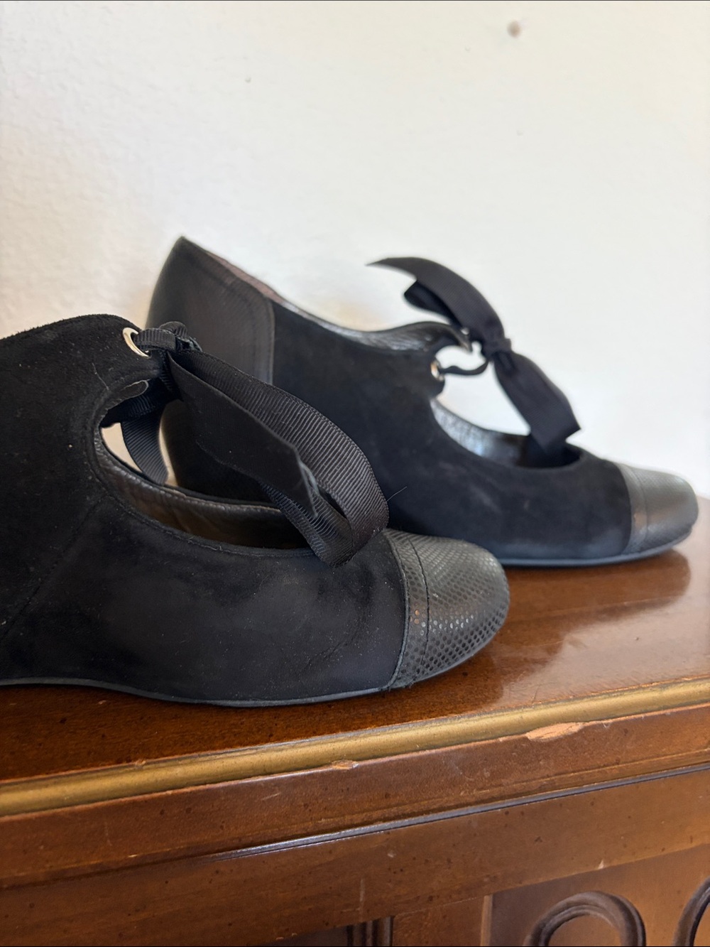 Jeffrey Campbell Vintage Black Suede Leather Wedge Mary Jane with Ribbon Tie 9 - Picture 8 of 10